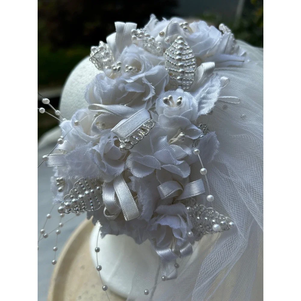 Vintage Floral Bridal Headpiece Veil White Satin Flowers Pearl Sprays